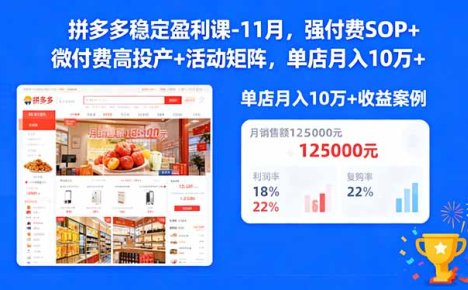 拼多多稳定盈利课-11月,强付费SOP+微付费高投产+活动矩阵,单店月入10w+