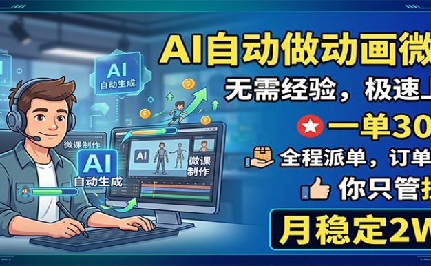 AI自动做动画微课,一单300+,全程派单,你只管执行,月稳定2W+